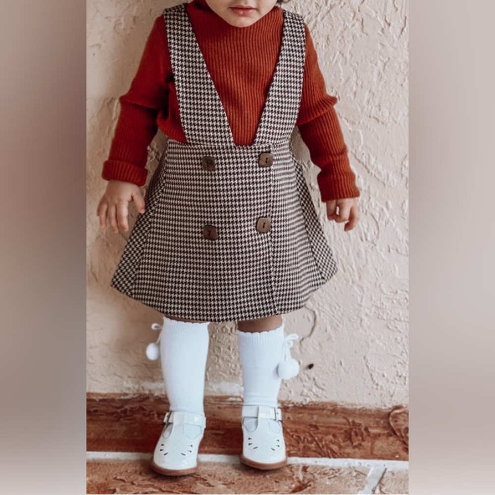 Stylish Kids Checkered Suspender Skirt - Brown and White